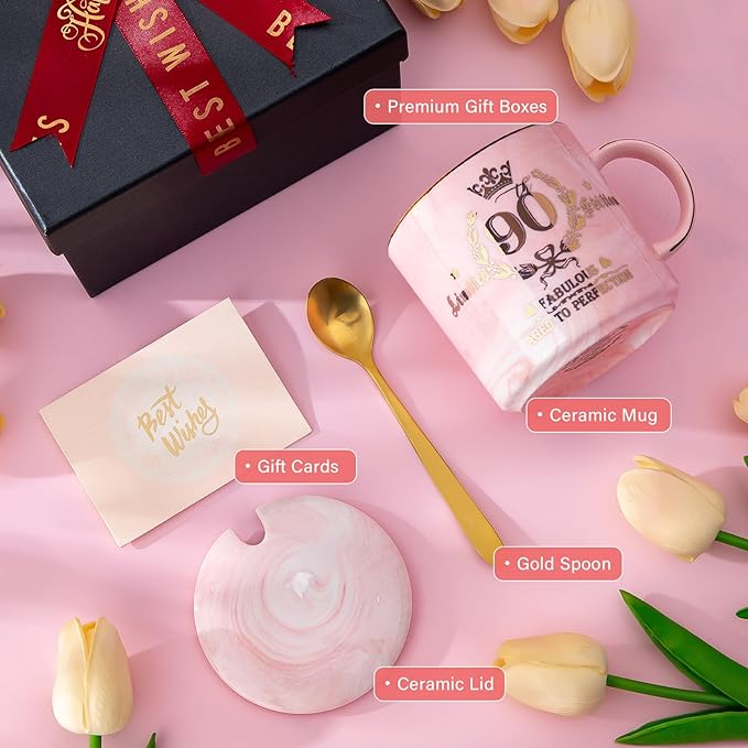 90th Birthday Gifts for Women - Aged to Perfection Coffee Mug - Unique 1935 Birthday Present for Grandma Mom Wife Friend Sister, 14oz Ceramic Coffee Mug Printed Gold with Lid Spoon Card, Nice Gift Box