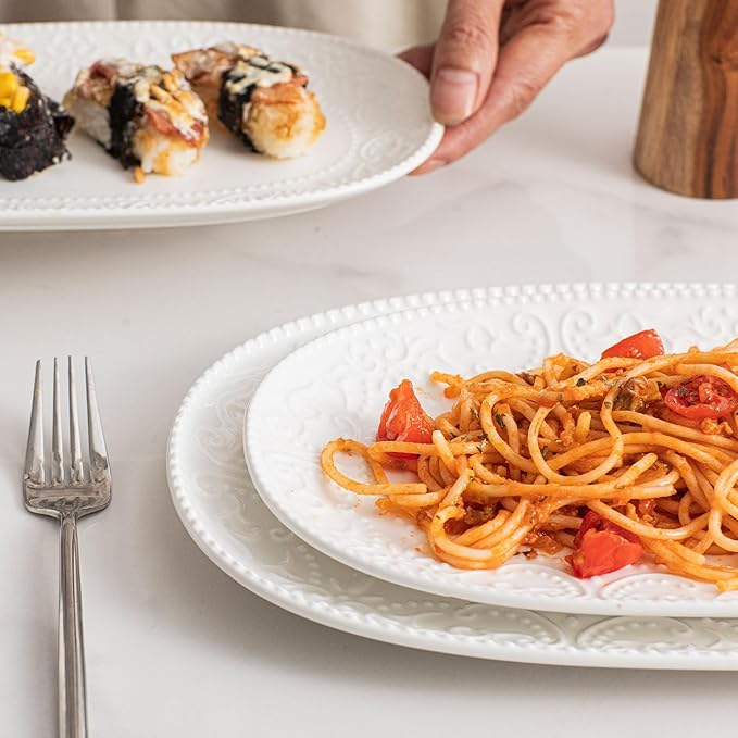 Oval Embossed Serving Platter Set, Stackable Serving Tray, Ceramics White Serving Platters for Entertaining, Serving Dishes for Wedding, Dishwasher & Oven Safe, Gift for Housewarming (3PCS)