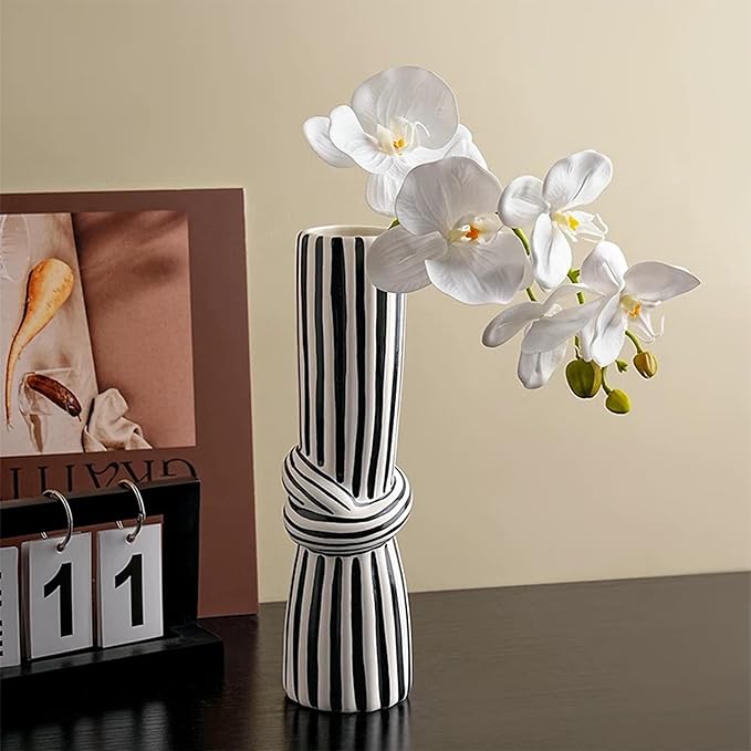 Linxia Minimalist Striped Knot Flower Vase and Art Sculpture 2-Piece Set, Black and White Line, Designer Vase and Ornament for Table Centerpieces Aesthetic for Home Office