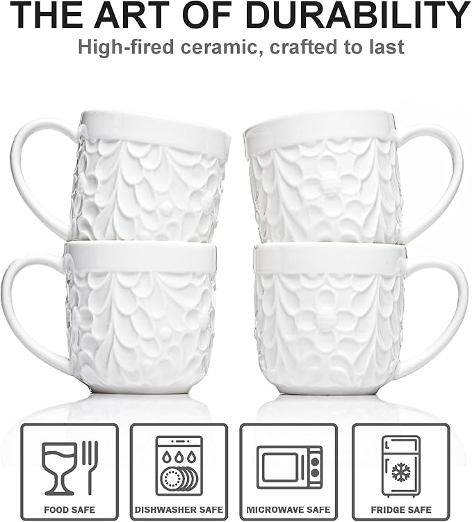 25DOL Ceramic Espresso Cups Set of 4 - White Cappuccino Cup with Nature Engravings and Comfort-Grip Handle - Expresso Coffee cups, 3.3 Oz Small Lead-Free Shot Mugs, Safe for Dishwasher, Microwave