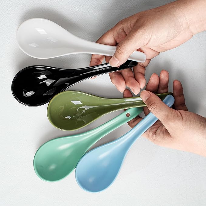 Artena 6.75-inch Asian Soup Spoon Set of 6, Ultra-fine Porcelain Japanese Soup Spoon, Black Ramen Spoons for Pho Noodles Miso, Chinese Soup Spoons for Dumpling Wonton Cereal, Deep Oval Hook Design