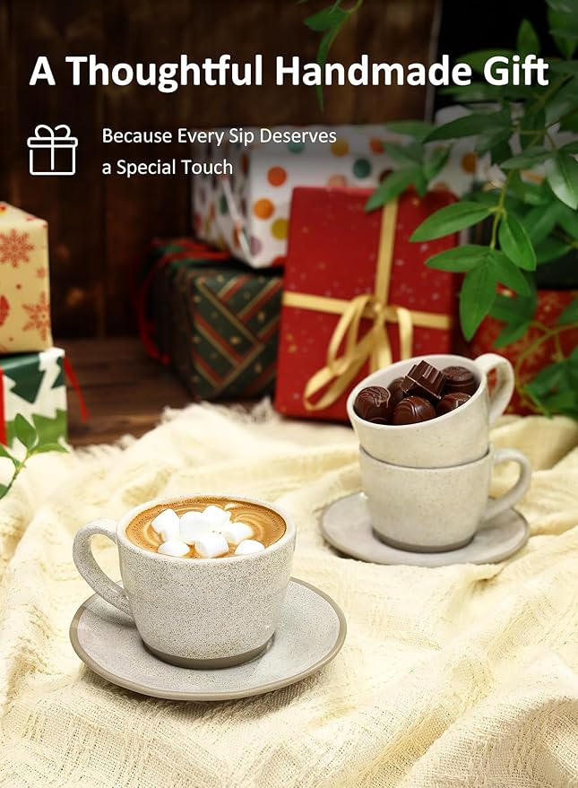 Yedio Stoneware Espresso Cups Set with Saucers, 6 oz Handcrafted Speckled Glaze Coffee Cup and Saucer Set for Cappuccino Latte Coffee Drinks and Tea, Set of 4