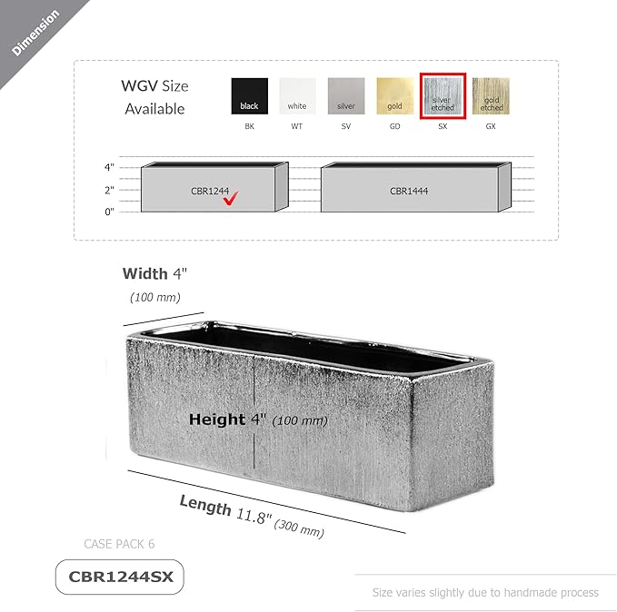 WGVI Long Rectangle Ceramic Planter Vase in Silver Etched 12" x 4" x 4"H, Block Rectangular Terrarium Box Pot, Flower Arrangement, Table top Centerpiece, Home Decor Storage Container, 1 Pc.