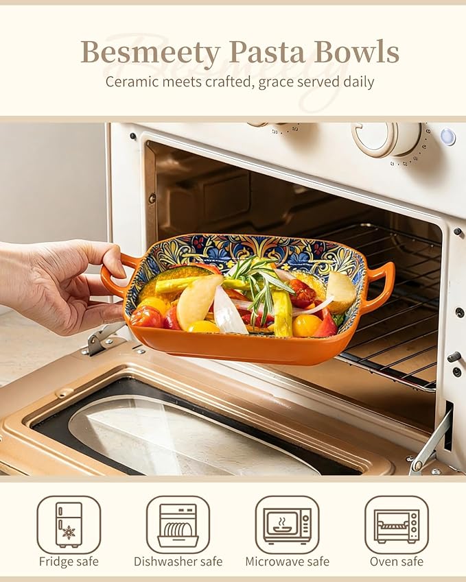 Besmeety Square Pasta Bowls with Handle, Boho Salad Serving Bowls Set of 2, Ceramic 7.09" Pasta Plates for Housewarming Present, Party (Yellow+Orange1)