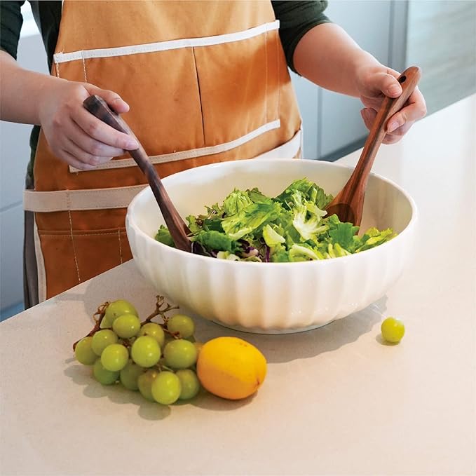 12-Inch Large Ceramic Salad Bowl Set with Wooden Servers, Decorative Serving Bowl with Ribbed Design for Pasta, Fruit (White)