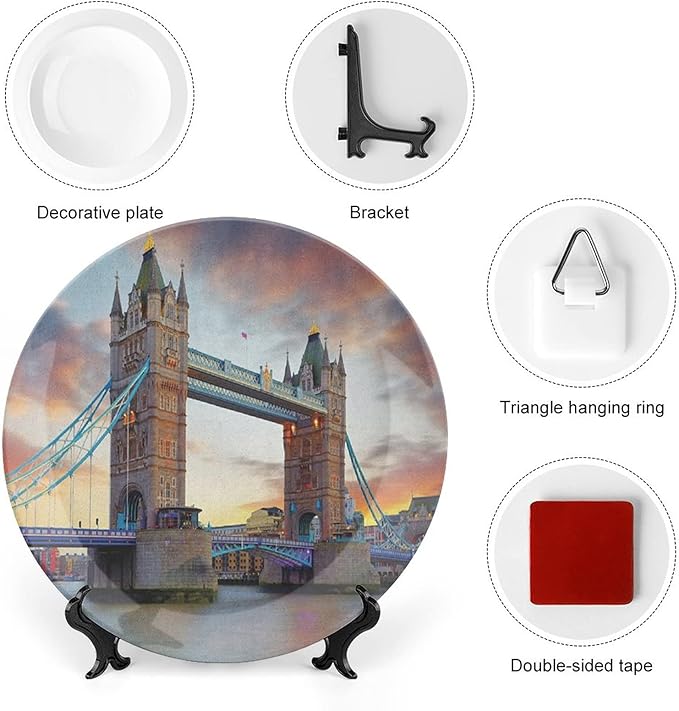 XISUNYA 10 Inch Decorative Plate, London Dinner Plate, Historic Old Tower Bridge London British Kingdom Skyline Print Ceramic Wall Hanging for Home & Office Wall Hanging Decor, Multicolor
