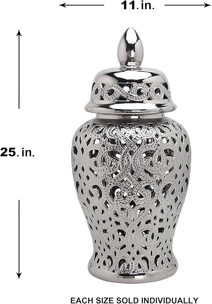 Noori Home - 100% Modern Glam Artisan Ceramic PARKER Large Silver Ginger Jar Urns with Lid 11x11x25