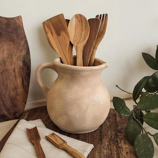 Rustic Kitchen Utensil Holder with Handle,7.48" H Ceramic Vintage Utensil Crock for Countertop, Farmhouse Kitchen Decoration Ceramic Pot for Spatulas Spoons Tongs(Classic,Antique Beige)