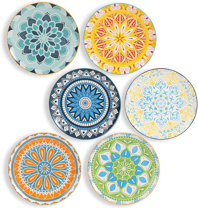 Dessert Plate Set of 6-8 Inch Ceramic Salad and Appetizer Plates - Vibrant Mix-and-Match Colors - Dishwasher and Microwave Safe