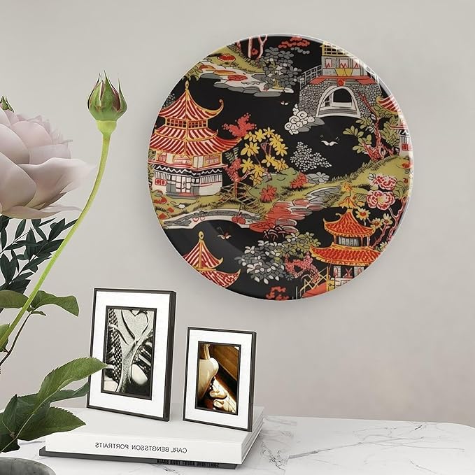 Ceramic Decorative Plate Chinoiserie Charcoal Coral Pagoda Asian Personalized Decor for Office Table Club Kitchen Ceramic Hanging Decorative Plate 1 Plate with 1 Display Stand, Gifts for Men Women
