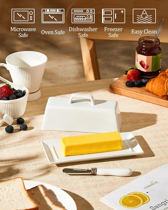 Yedio Porcelain Butter Dish with Lid and Knife for Countertop Refrigerator，White Ceramic Covered Butter Holder with Handle for East West Coast Butter Stick, Dishwasher Safe
