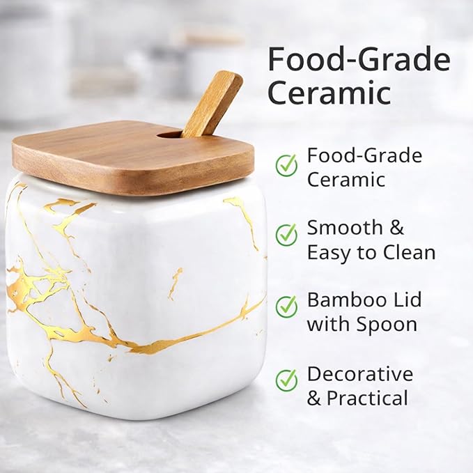 Marble Ceramics Sugar Bowl Ceramic Seasoning Box Ceramic Spice Jars Porcelain Condiment Pots with Lid and Spoon (White)