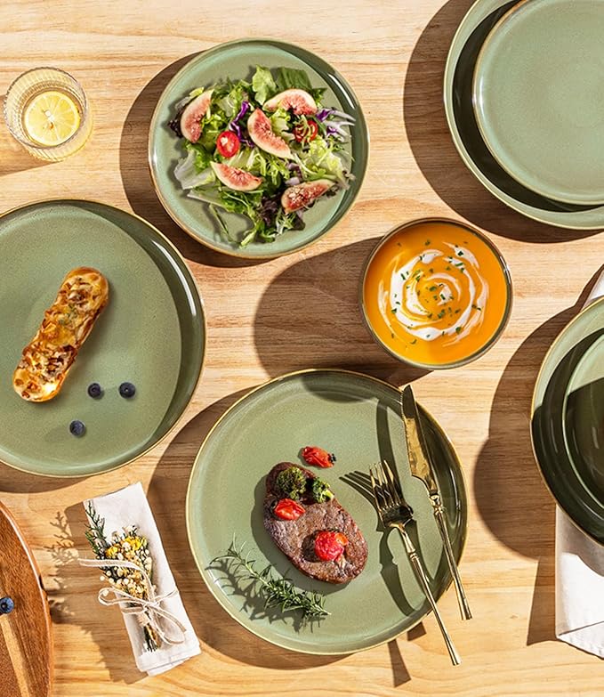 TheTerra Ceramic Dinnerware Sets for 4, 12 Pieces Handmade Reactive Glaze Plates and Bowls Set, Scratch Resistant Dish Set, Oven & Microwave & Dishwasher Safe, Sage Umber