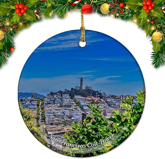 California San Francisco Tower Building USA America Christmas Ornaments Ceramic Round Hanging Pendant Xmas Decor City Travel Souvenirs 3" Porcelain Double Sided