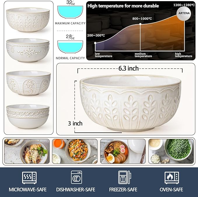 Artena Soup Bowls 32 OZ, Cereal Bowls Set of 4, White Embossment Ceramic Ramen Bowls for Dinner, Salad, Pho, Noodle, Pasta, Snacks, Dishwasher Microwave Safe, 6.3 Inch, Wheat Leaf (Pack of 2)