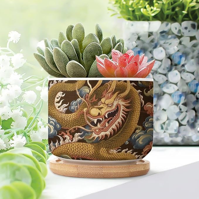 3 Piece Ceramics Plant Pot Antique Chinoiserie Dragon Small Pot for Flowers Dragon Gold Oriental Style Asian Flower Pot for Indoor Chinoiserie Plant Pot with Drainage Bamboo Trays