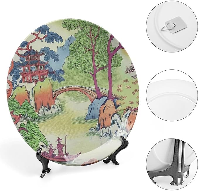 Chinoiserie Toile Ceramic Decorative Plate, Custom Green And White Chinoiserie Pagoda Toile Asian Ceramic Dinner Plates, Household Decorations Festival, Including Bracket And Special Hook
