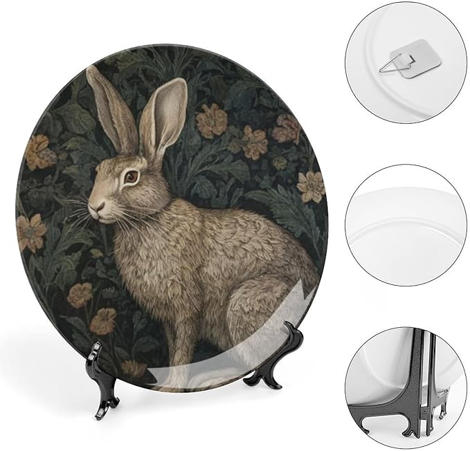 Vintage William Morris Rabbit Decorative Plate, Art Nouveau Raven in The Garden Personalized Ceramic Dinner Plate for Festival Wedding Decor, Unique Art with Stand Art Decorations for Home Wall