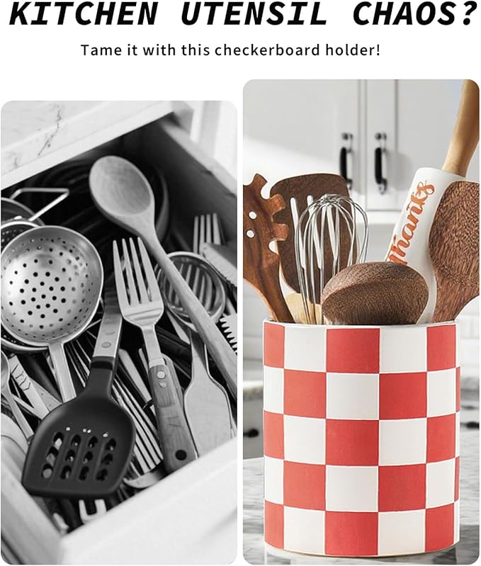 Utensil Holder，7.1"+5.8" Ceramic Kitchen Utensil for Counter top, Checkered Cooking Utensil Holder for Spatula & Spoon, Kitchen Decor, Set of 2 (Red Checkered)