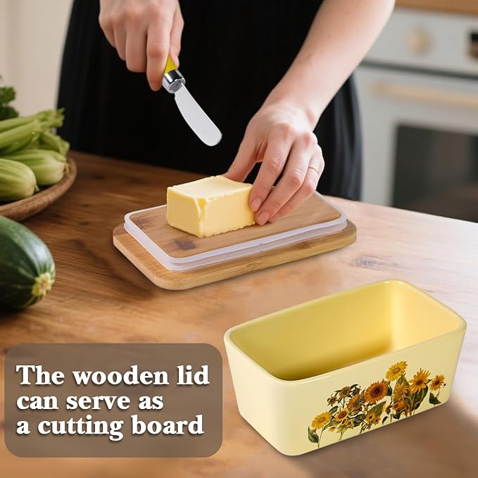 Sunflower Butter Dish with Lid,Large Butter Crock Keeper Saver,Ceramic Butter Container for Countertop with Highly Sealed Silicone Thick Wooden Lid for Kitchen Farmhouse Decor (Yellow, Sunflower)