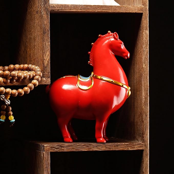 Horse Statue Chinese Ceramic Horse Figurine Red Tang Dynasty Style Sculpture Art Decor for Home Office Desk & Shelf, Ich Dekor
