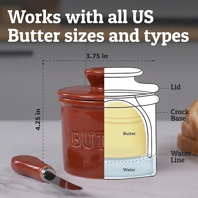 PriorityChef Butter Crock with Lid with Water Line,Ceramic French Butter Dish to Leave On Counter, Rust