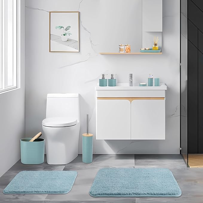 Bathroom Set - Light Blue Bathroom Accessories Set, Bathroom Sets with Shower Curtain and Rugs, 25PC Shower Curtain Set with Hooks, Soap Dispenser, Soap Dish, Toilet Brush Holder and Trash Can