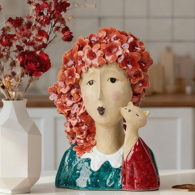 DiliComing Garden-Statues Women-Head Statues for Home Decor - 13 Inch Women with Cat Modern Art Statue, Resin Cat Sculptures for Patio, Tabletop, Bedroom, Office, Garden Home Décor (Red)