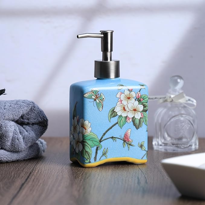 Ceramic Soap Dispenser, Lotion Bottle with Removable Pump, Flower Pattern Dispenser for Kitchen and Bathroom - Blue, 13 OZ