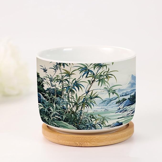 Blue Green and White Asian Scenery Small Ceramics Plant Pot Set of 3 Green Bamboo and Flower Ceramics Pots for Plants with Drainage and Bamboo Tray Oriental Chinoiserie Houseplant Pot