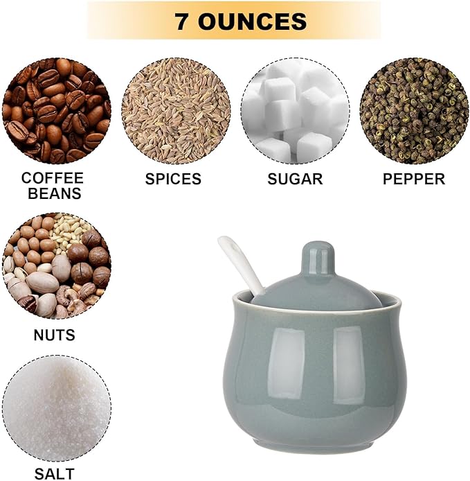 Ceramic Sugar Bowl with Lid and Spoon, Gray Porcelain Sugar Salt Pepper Storage Jar, 7 Ounces
