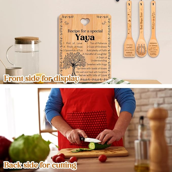 Yaya Gifts - "Recipe for a Special Yaya" Yaya Gifts for Grandma Cutting Board Set, Bamboo-Made Engraved Utensil Set Gifts for Yaya Cutting Board, Best Yaya Ever Gifts.