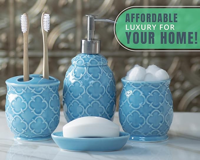 Comfify 4-Piece Bathroom Accessory Set - Ceramic Bath Set with Blue Glossy Finish - Modern Vanity Accessories Including Soap Dish, Tumbler, and Toothbrush Holder