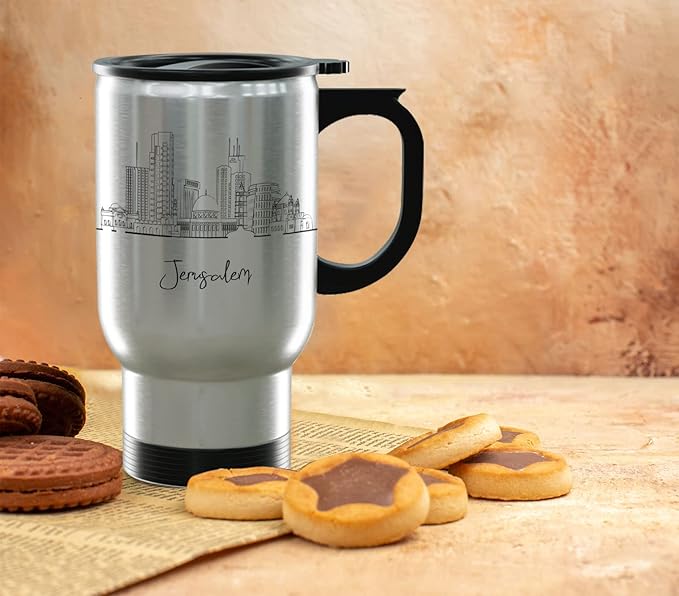 Jerusalem Skyline Steel Mug, Asia Skyline 14oz Travel Mug with Handle & Lid Custom Travel Tumblers, Gift For Birthday, Spill Resistant Tumblers for Women, Personalized Tumbler