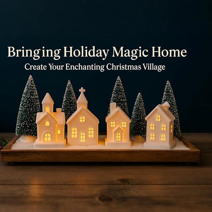 9 Pcs Christmas Village Figurines Sets - 4 Lighted Ceramic Houses with Remote Control & 5 Trees - Christmas Decorations Indoor - White Xmas Holiday Farmhouse Rustic Decor for Home Table Room