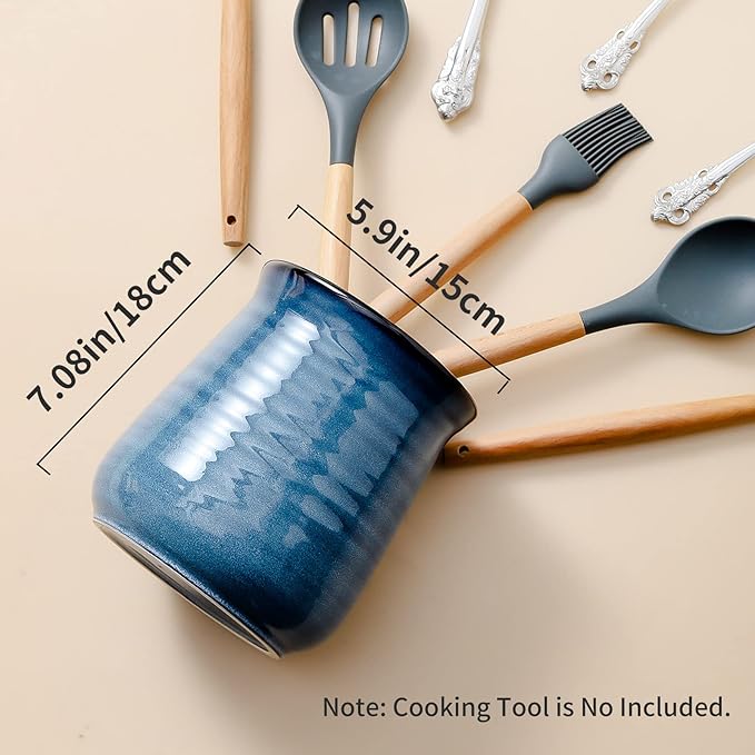 HASENSE Large Utensil Holder Crock for Kitchen Counter, 7.1" Ceramic Cooking Utensil Organizer for Countertop, Farmhouse Vintage Utensil Caddy for Spatula Spoon, Rustic Home Table Decor, Blue