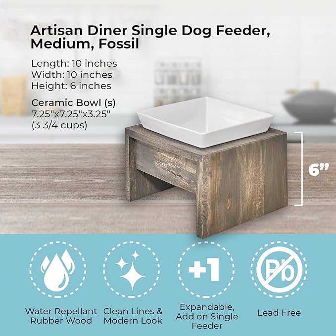 Bowsers Artisan Diner Single Dog Feeder - Handcrafted Rubberwood Frame with Square Ceramic Bowl Feeder for Dogs - Fossil, Medium, 10” x 10” x 6”