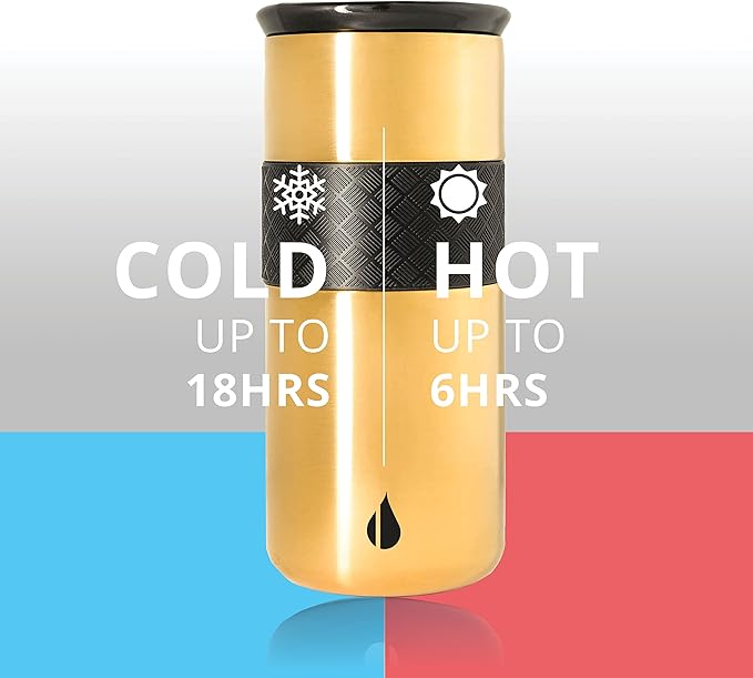 Elemental Artisan Insulated Tumbler, Triple Wall Coffee Travel Mug, Reusable Stainless Steel Coffee Tumbler with Ceramic Lid, Thermal Coffee Cups for Hot (6 Hrs) & Cold (18 Hrs), 16oz - Gold