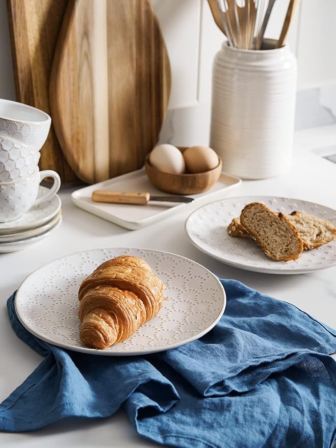 LE TAUCI Ceramic Salad Plates Set of 4, 8 Inch Embossed Dessert Plates for Appetizer and Small Dinner, Modern White Ceramic Plates for Kitchen, Microwave and Dishwasher Safe - Arctic White