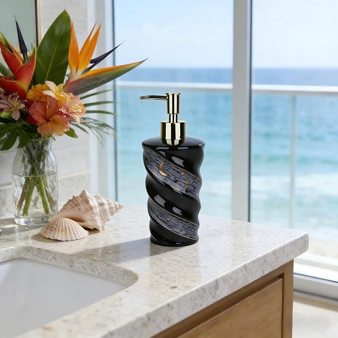 Ceramic Soap Dispenser, Large Capacity Lotion Dispenser with Spiral Galaxy Design - Refillable Press Pump Bottle for Bathroom & Kitchen (14oz, Black)