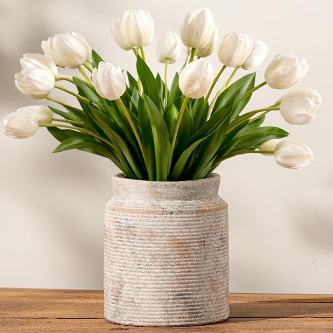 Ceramic Flower Vase 7.5 inch Farmhouse Rustic Vase for Home Decor Handcrafted Pottery Terracotta Vases for Dining Table Decor Fireplace Living Room Bathroom Wedding Centerpiece (L-Terracotta)