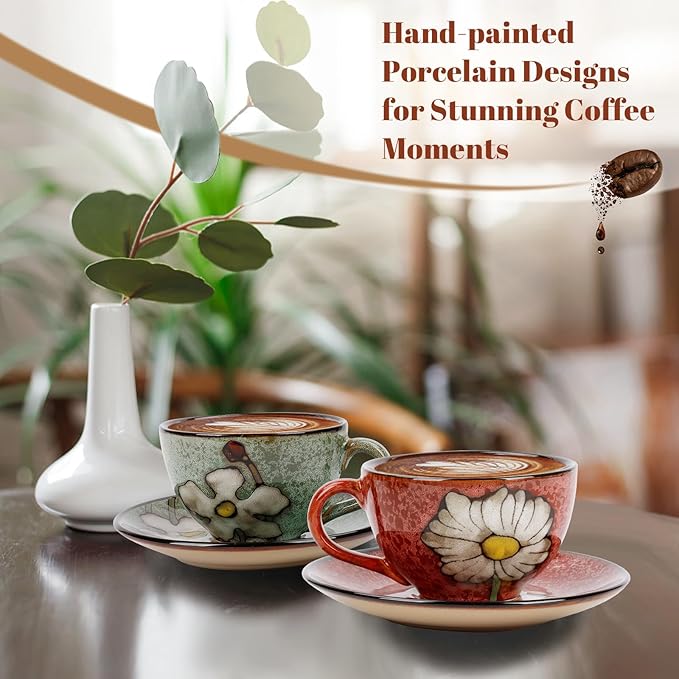 Cappuccino Cups Set of 4, 8 Oz Ceramic Coffee Cups with Saucers for Espresso, Tea, Latte – Hand-Painted Porcelain Underglaze Design