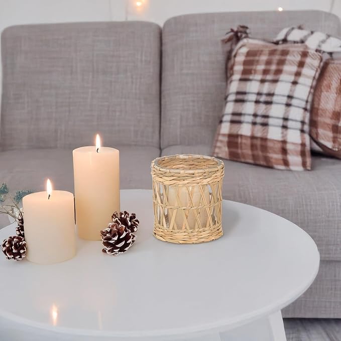 Rustic Cattail Woven Tea Light Holder, Seagrass Glass Candle Holder, Table Candle Holder Decor, Vintage Candlestick Holders, Wicker Tea Light Holder, Farmhouse/Home Decor (Original Color - 2 Pack)
