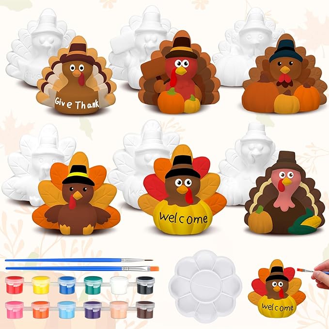 Eersida 6 Sets Gnome Ceramics to Paint Pumpkin Ready to Paint Your Own Ceramic Gnome Statues DIY Unpainted Ceramics Paintable Figurines Kit Crafts with Brush Palette(Thanksgiving Turkey)