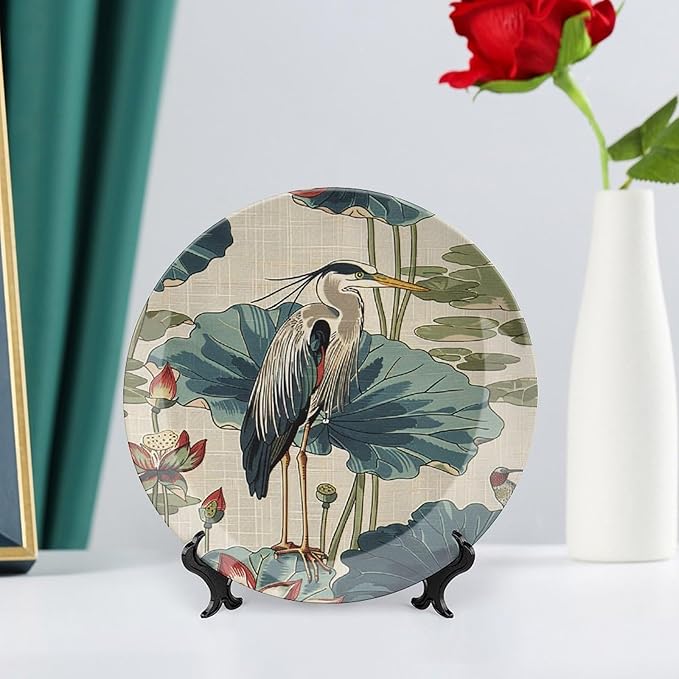 Birds And Lotus Flowers Vintage Plates of 6", 7", 9", 10", Personalized Wall Art Hanging Plate, Art Decoration Farmhouse Decorations Office, with Vertical Stand