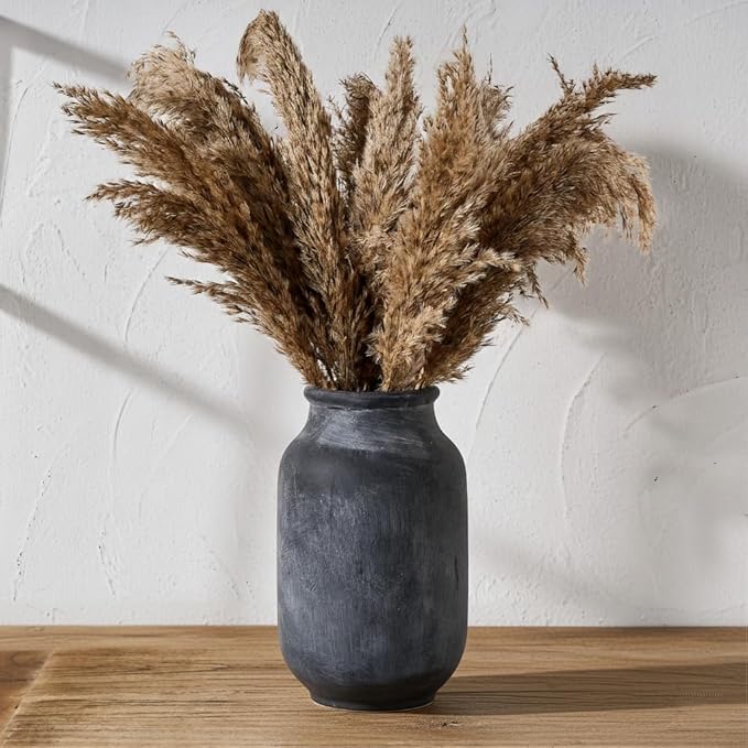 SIDUCAL Rustic Farmhouse Flower Vase | 9.5 Inch Large Ceramic Vase | Pampas Grass | Modern Farmhouse Decor for Home Decor, Table, Living Room Decoration, Shelf Decor, Mantel, Black