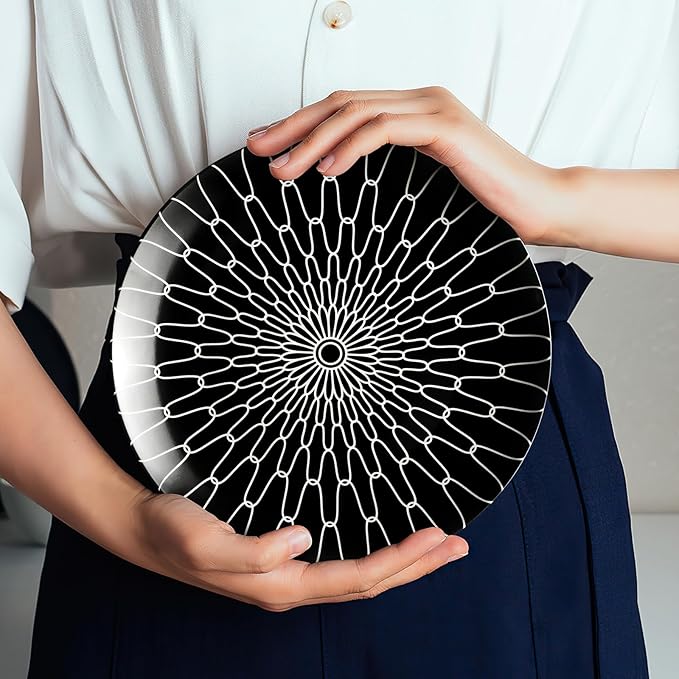10-Inch Dinner Plates Set of 6, Black and White Grid Ceramic Plates, Large Checkerboard Design for Main Course, Restaurant-Style, Microwave & Oven Safe