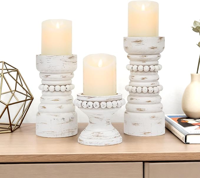 MODE HOME Rustic White Wood Candle Holders Set of 3, Farmhouse Beaded Wood Pillar Candle Holder, Candle Holders for Pillar Candles & Candlesticks, Candle Sticks Holder Decor for Table Centerpiece