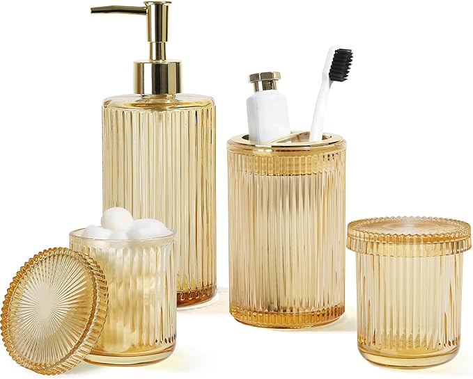 Gold Bathroom Accessories 4 Pcs, Gold Glass Soap Dispenser and Toothbrush Holder Set, Qtip Holder Set, Glass Bathroom Soap Dispenser Set, Yellow Orange Bathroom Decor