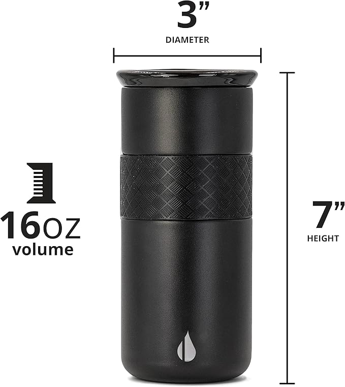 Elemental Personalized Artisan Insulated Tumbler, Triple Wall Coffee Travel Tumbler, Reusable Stainless Steel Coffee Tumbler with Ceramic Lid, Thermal Coffee Cup for Hot & Cold 16oz - Matte Black